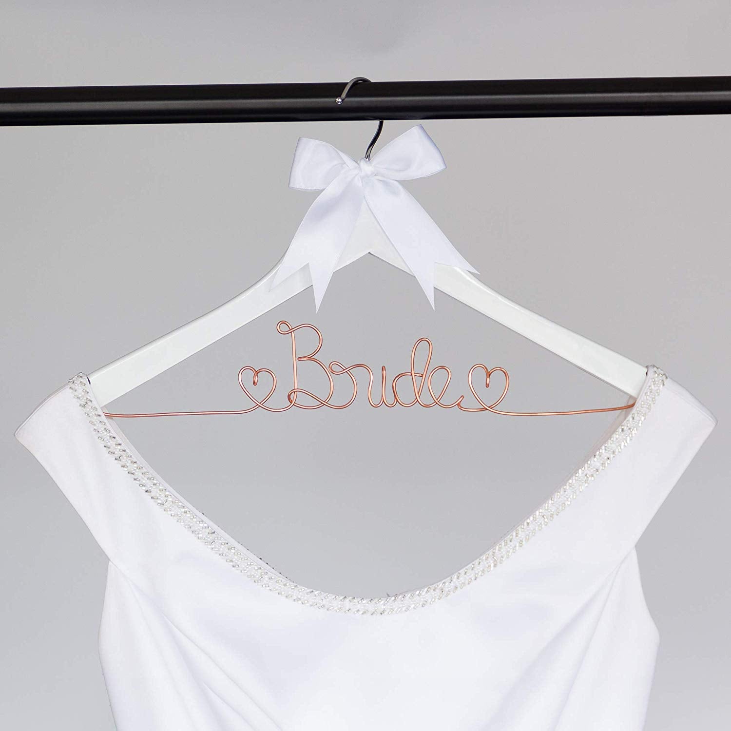 Bride to Be Wedding Dress Hanger Wooden and Wire Hangers for Brides Gowns, Dresses (White with Rose Gold Wire) Bride to Be Wedding Dress Hanger Wooden and Wire Hangers for Brides Gowns, Dresses (White with Rose Gold Wire)