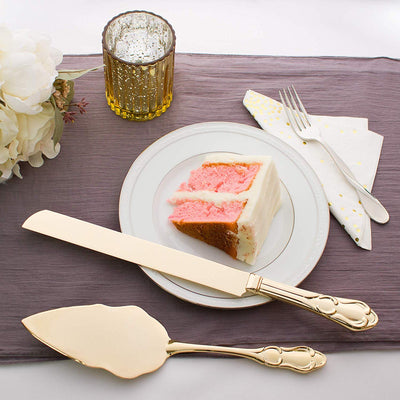 Wedding Cake Knife & Server Set - Engravable Elegant Light Gold