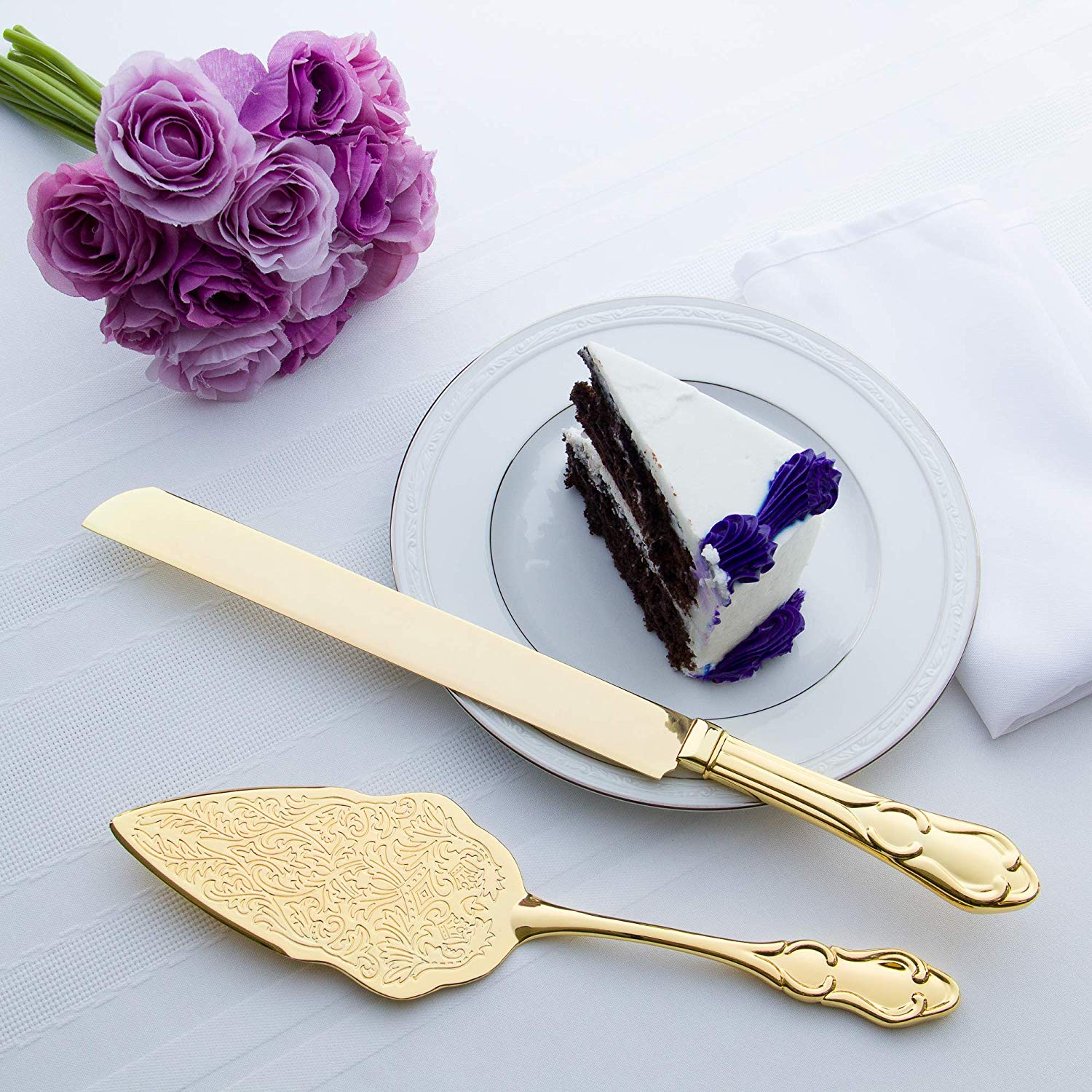 Wedding Cake Knife Server and Forks Set with Black Handle and Gold Ring