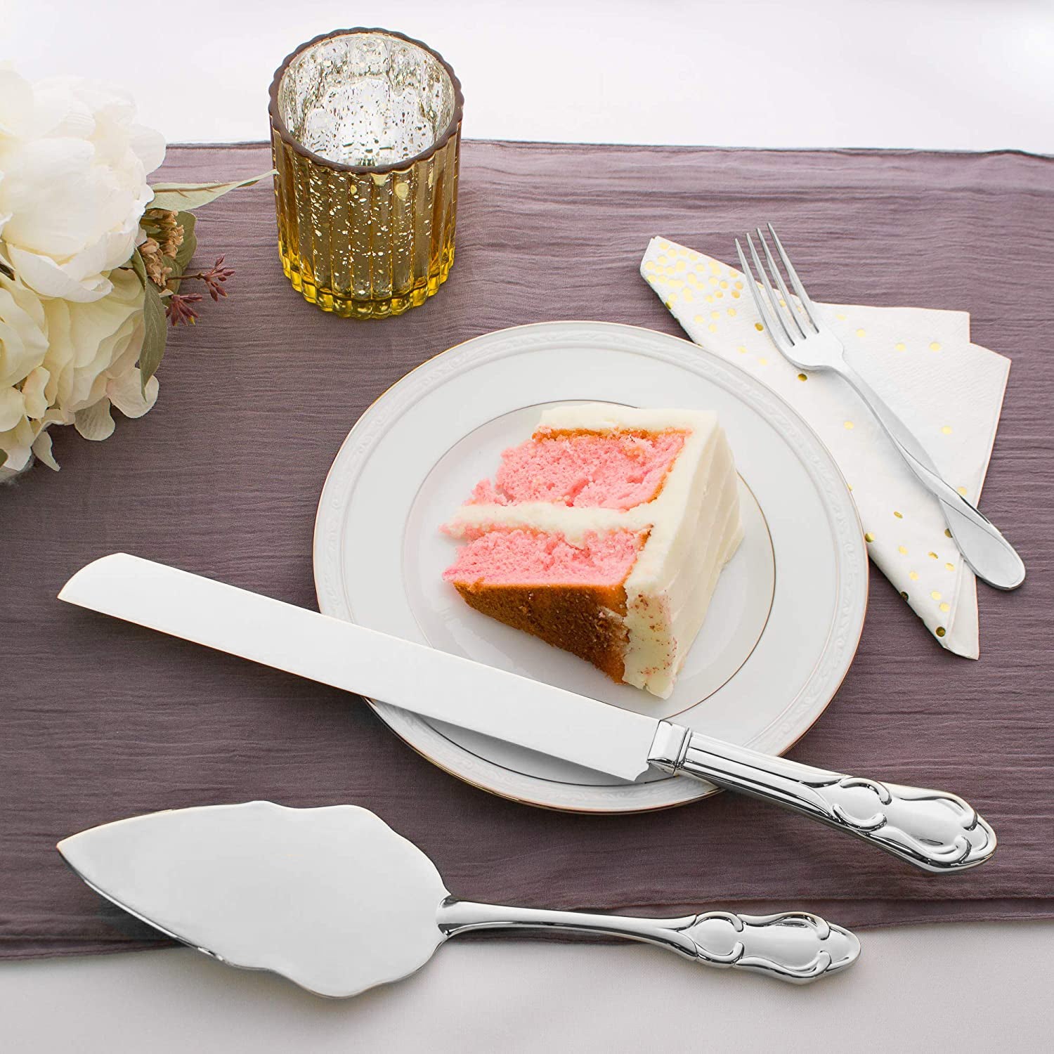 Wedding Cake Knife Server and Forks Set with Black Handle and Gold Ring